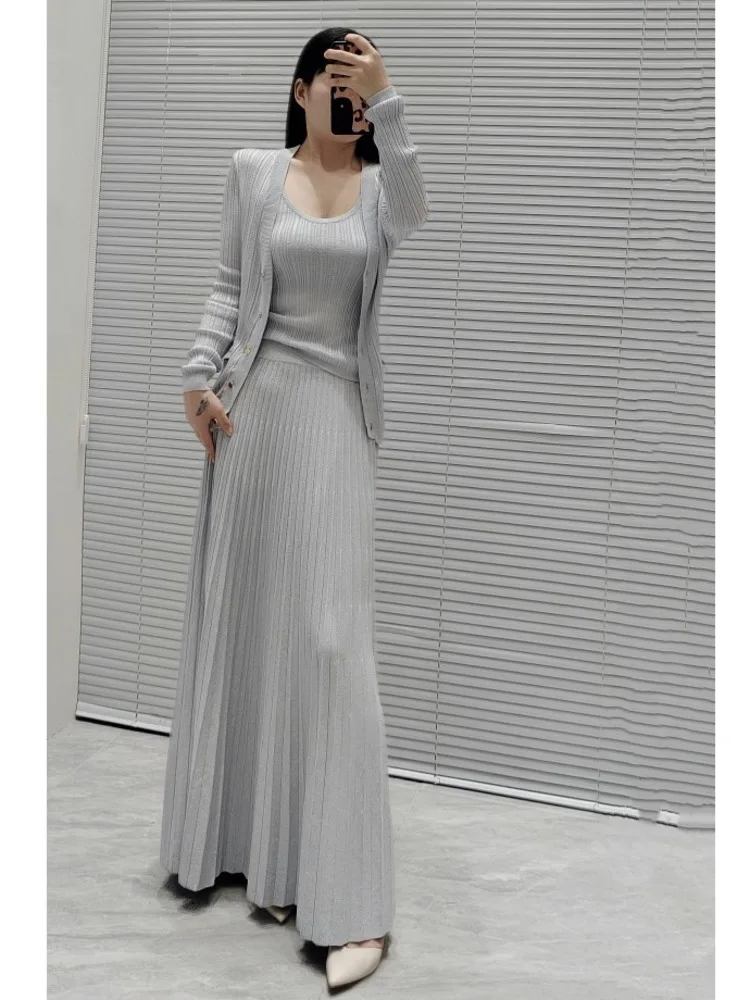 

CHUJIE French Elegant Knit 3-Piece Set - V-Neck Cardigan + Strap Top & Skirt - Soft Simple Style - Viscose Blend Outfit