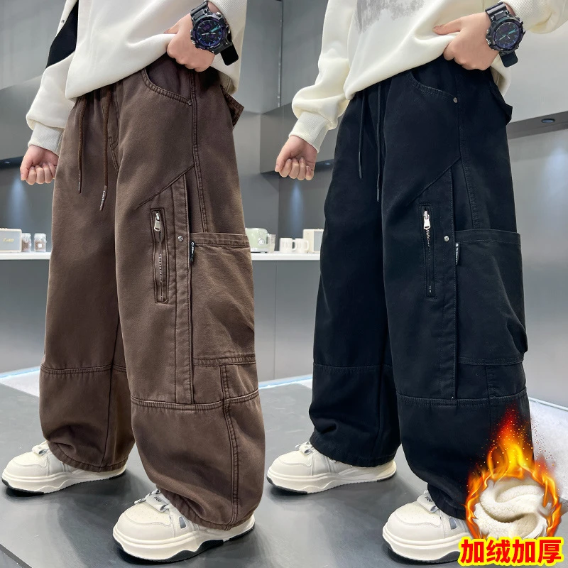Boys' Winter New Plush Work Pants Teenage Kids Fashion Trendy Brand Loose Wide Leg Pants Child Casual Straight Sports Trousers