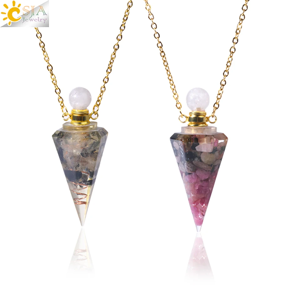 Resin Natural Stone Quartz Aromatherapy Pendant Necklace Gold Color Essential Oil Diffuser Perfume Bottle Crystal Necklaces H205