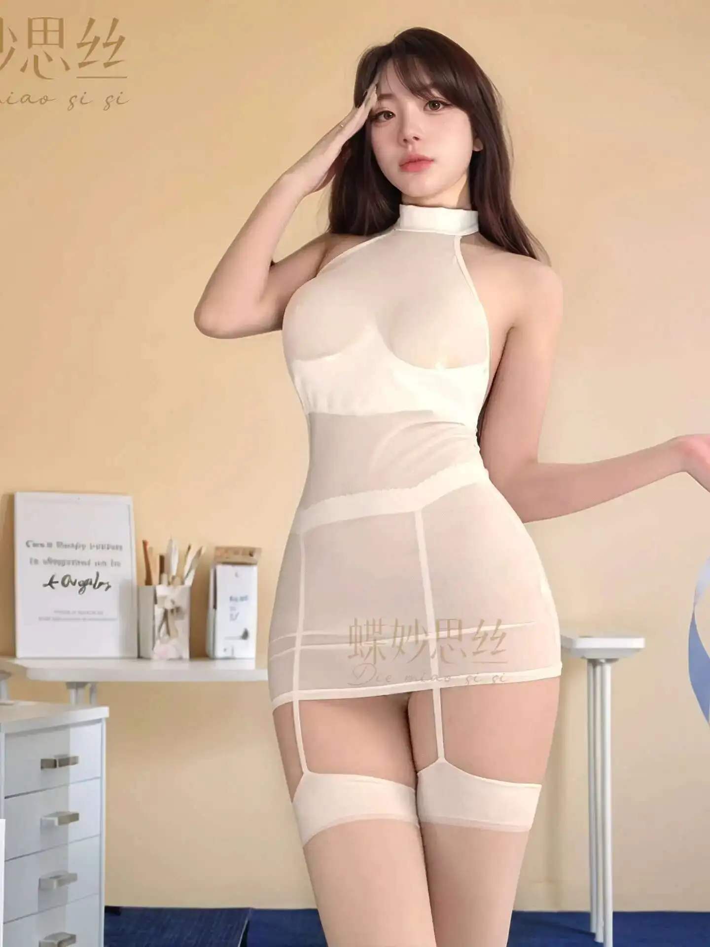 Sexy Transparent Solid Color Mesh Dress Backless Deep V Hanging Neck Sleeveless Wrap Hip Dress Pure Desire Charming Elegant D2QJ