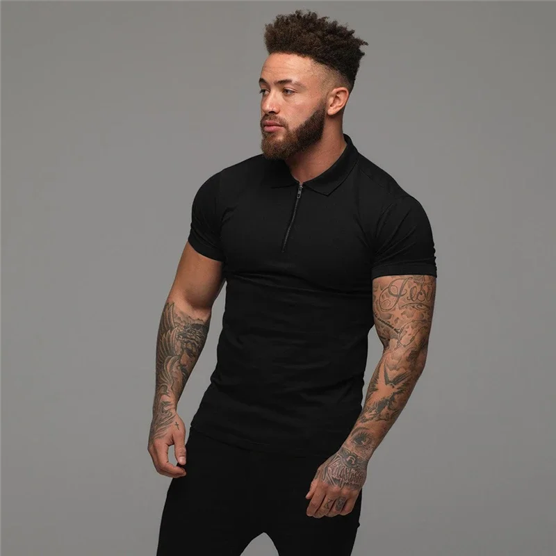 Solid Color Cotton Breathable Short Sleeve Polos Fashion Zip Collar Slim Fit Polo Shirts Gym Fitness Bodybuilding Men\'s Clothing