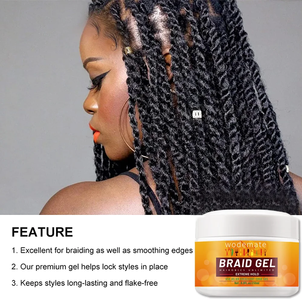 Braid Gel Strong Hold Hair Braiding Gel Styling Waxes Cream Smooth Hold Styling Edge Control Anti-Frizz Braids 250ml