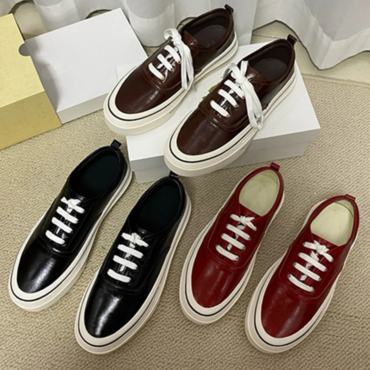 

Jenny&Dave British Genuine Leather Glossy Thick Soled Vulcanized Shoes For Woman Loafers Women's Sneaker Top Quality