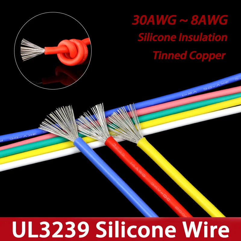 

2/5M UL3239 Electronic Silicone Rubber Wire 30/28/26/24/22/20/18/16/14/12/10/8AWG Soft Insulated DIY LED 3KV Tinned Copper Cable