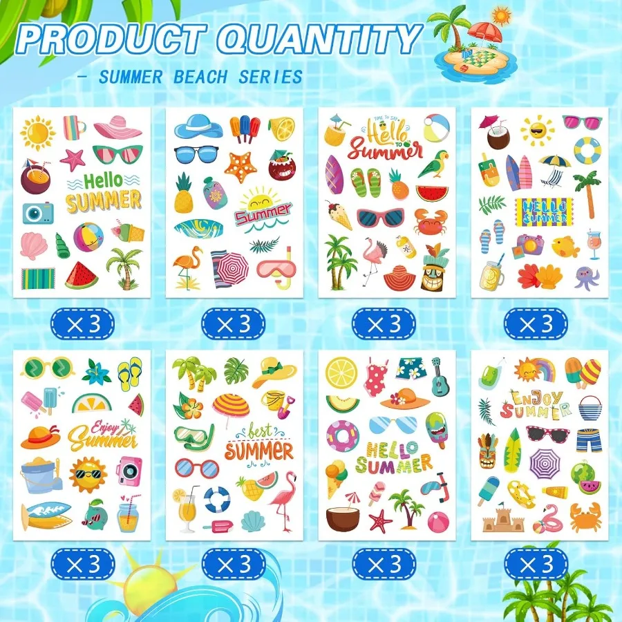 24 ورقة من ملصقات الشاطئ الصيفية الاستوائية لتزيين حفلات Luau هاواي: تصميم الشمس والبطيخ والبيرة والآيس كريم والأناناس