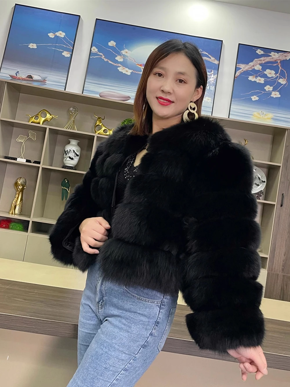 Real Fox Fur Short Jacket for Women, Female Luxury Winter Coat, Full Sleeves, Beige Natural Fox Fur, Cropped for Girls