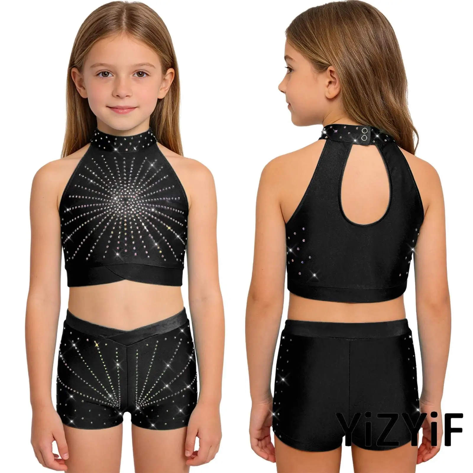 

Kids Girls Jazz Gymnastics Dance Outfits Sleeveless Cutout Back Sparkling Rhinestone Crop Top with Shorts Figure Skating Costume