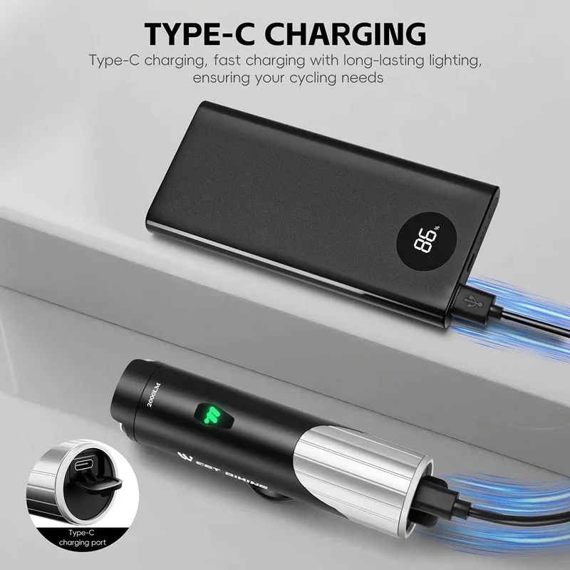 غرب ركوب الدراجات الدراجة الجبهة ضوء ضوء IP66 غير نافذ للمطر 1300/1600/2000LM الدراجات العلوي نوع-C شحن مصباح يدوي إضاءة دراجة هوائية