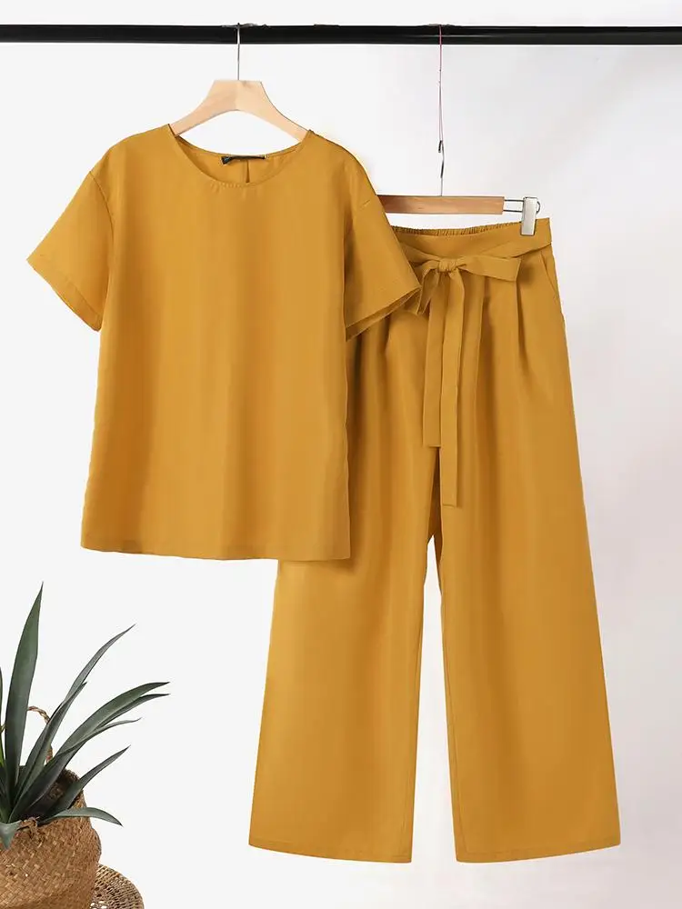 ZANZEA-chándales de 2 piezas para mujer, traje de Blusa de manga corta y pantalones de pierna ancha, conjuntos de trabajo a juego Vintage OL, moda de verano