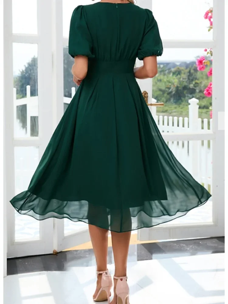 2024 Women's Chic Dress V-Neck Elegant A-line Chiffon Midi Dresses Lantern Sleeve Casual Party Summer Dress Vestidos