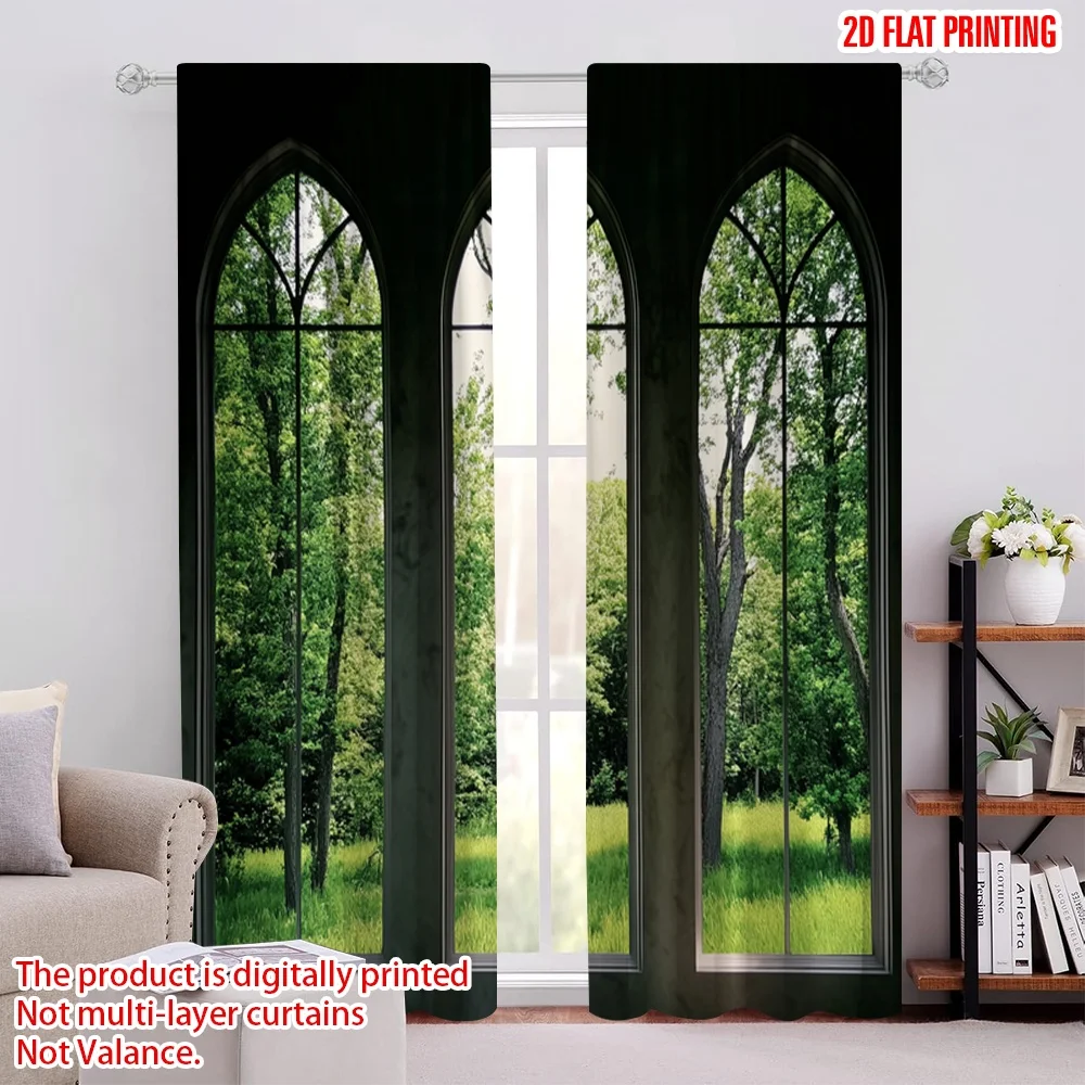 

2Pcs 2D Flat PrintingTranslucent Window Landscape Green Plants Curtains Suitable For Living Room Dining Room Kitchen Bedroom