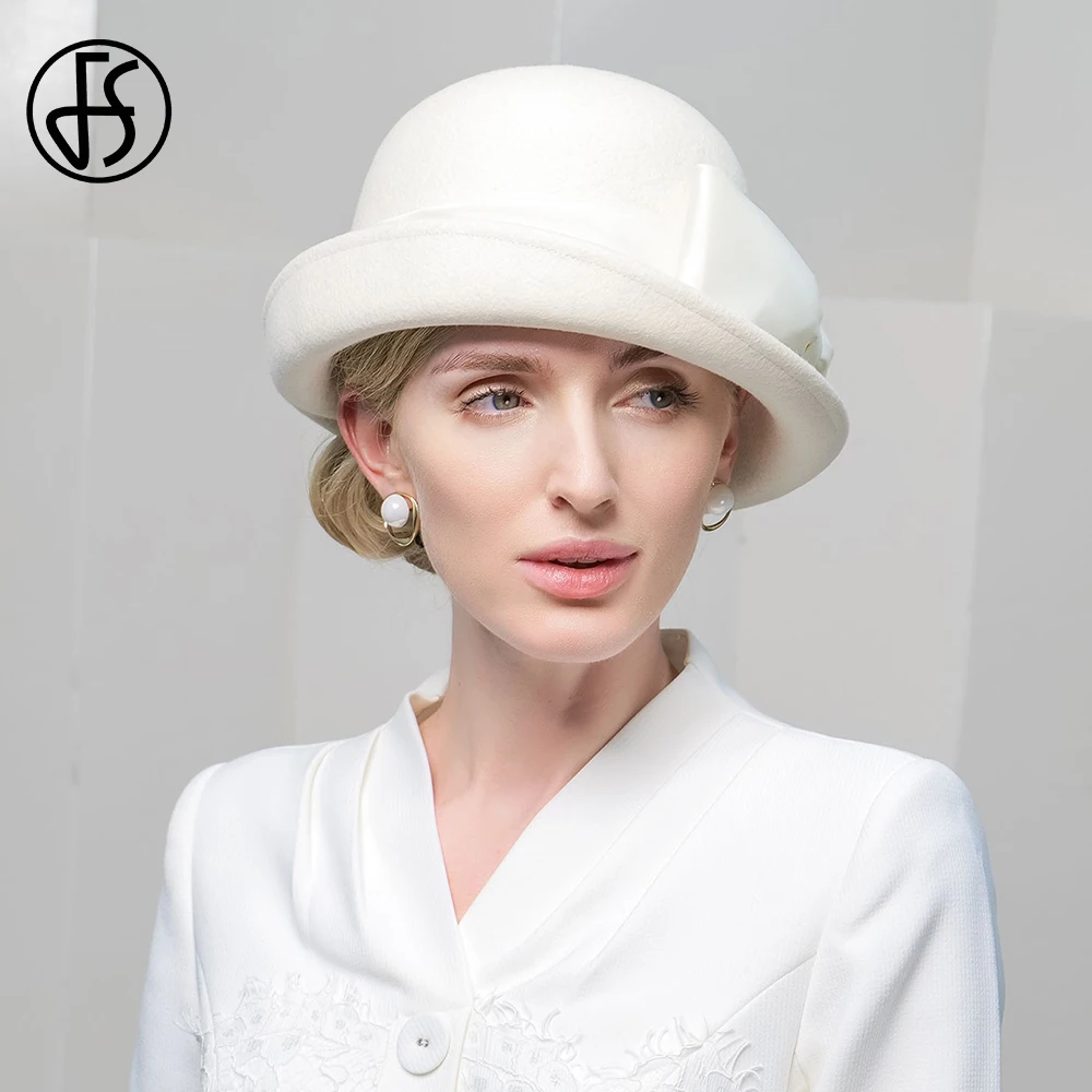 FS Luxury Winter Top Hats For Woman Wedding White Elegant Church Cocktail Tea Party Cap Ladies Curl Brim Wool Fedoras 2024