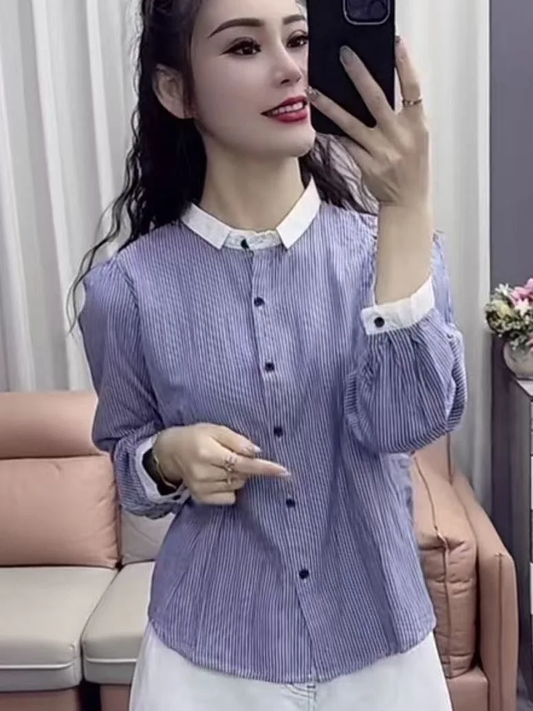 

Женская универсальная рубашка-топ 2025 года с круглым вырезом, в полоску, с длинным рукавом, в стиле колор-блок, свободного кроя, из полиэстера, для делового повседневного стиля