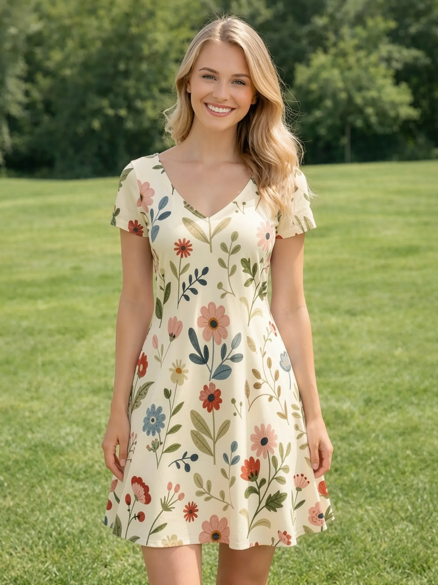 Robe Skater Florale à Col en V et Manches Courtes pour Femme – Tenue Décontractée d'Été pour la Plage, les Promenades, les Vacances, les Week-ends et les Cafés