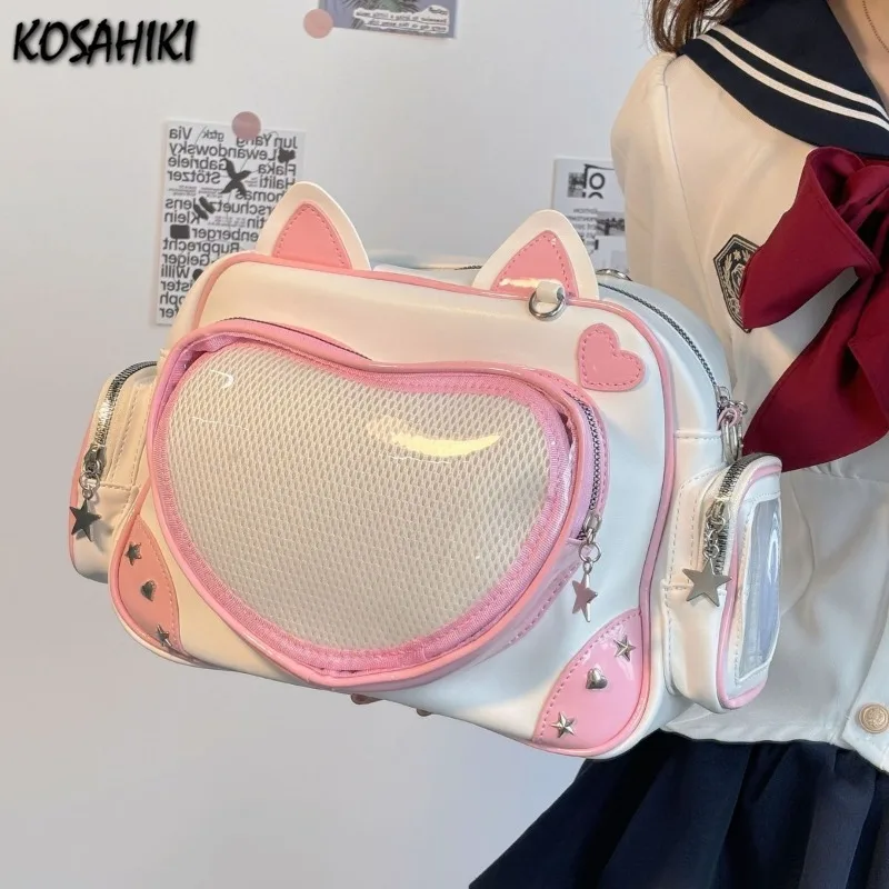 

Лоскутная сумка Kawaii с милым котом на плечо, подмышки, женские сумки в консервативном стиле с заклепками и сердечками, новые модные эстетические прозрачные рюкзаки Y2k