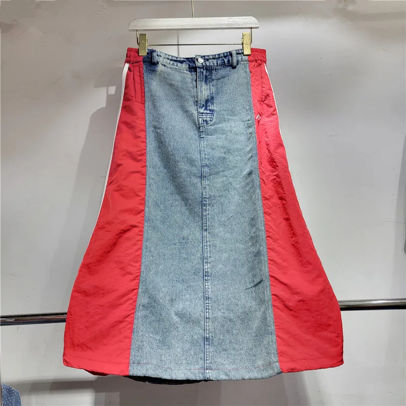 Denim Patchwork Mid Length Skirt 2024 Summer Fashion Trend Retro Sports Leisure New A-line Cargo Skirts Streetwear