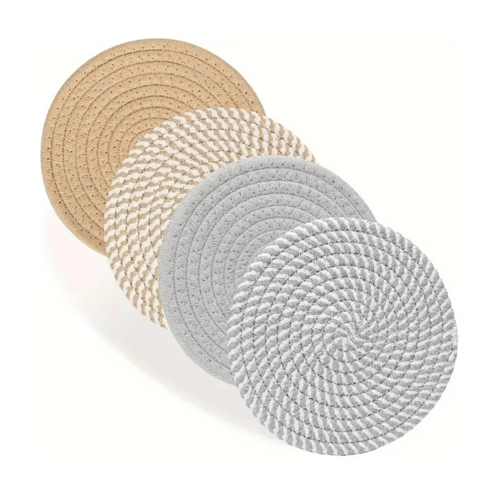 

4Pcs Round Shape Trivets for Hot Dishes Large Braided Design Woven Pot Holders 18-33cm Non-Slip Table Placemats Set Kitchen Use
