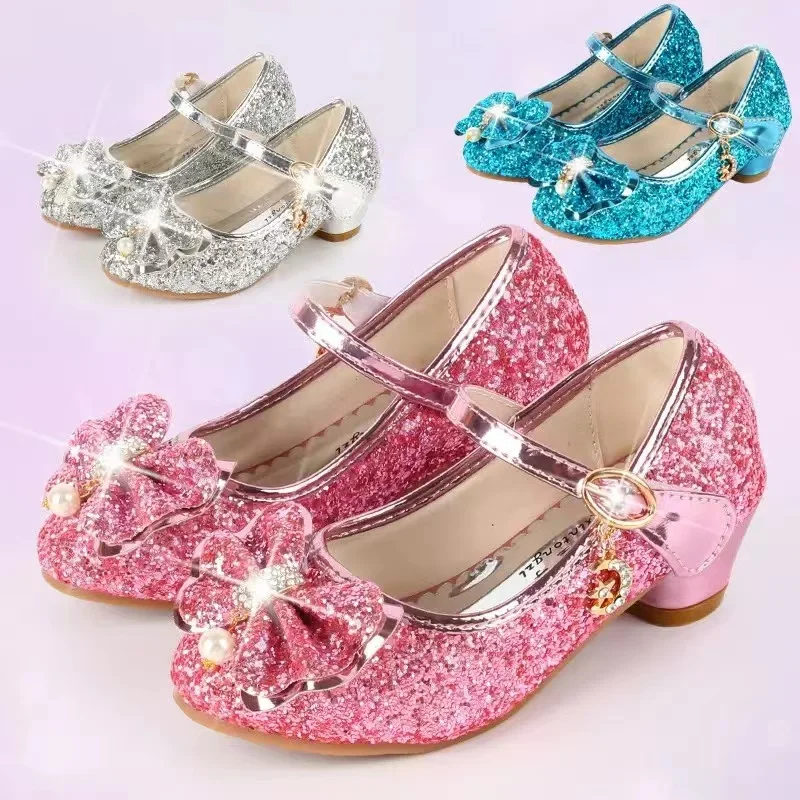 2024 Fashion Princess Butterfly Leather Shoes Girls Party Dance Bowknot Shoes Kids Diamond High Heel Children Dance Glitter Shoe