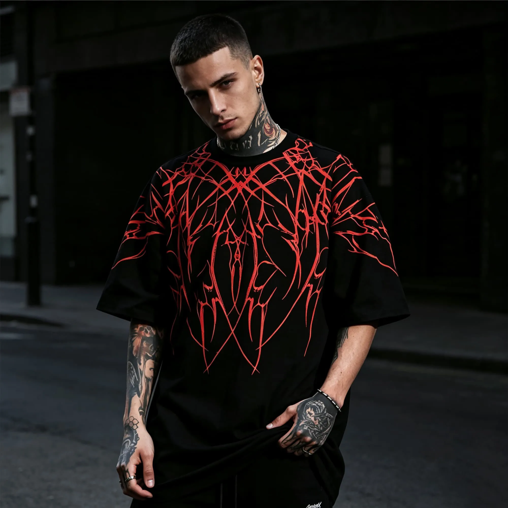 Punk Metal Style Men T‑Shirt Red Thorn Abstract Tribal Graphic Print Gothic Dark Aesthetic Short Sleeve Streetwear Tees