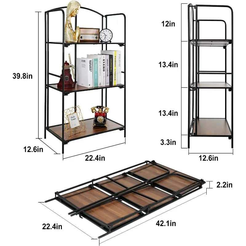 Estantería plegable de montaje para sala de estar, estantería plegable negra de 3 niveles para el hogar y la Oficina, almacenamiento de estantería portátil