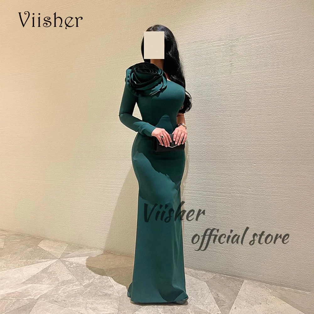 

Viisher Dark Green Mermaid Evening Dresses Long Sleeve Arabian Dubai Formal Prom Dress with Flower Spandex Satin Evening Gowns