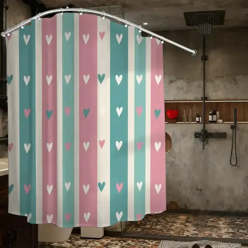 

Pastel Heart Stripe Shower Curtain – White Pink Teal Hearts on Cream Blue Stripes, 12 Hooks, 70.87×70.87" Waterproof Bath Decor