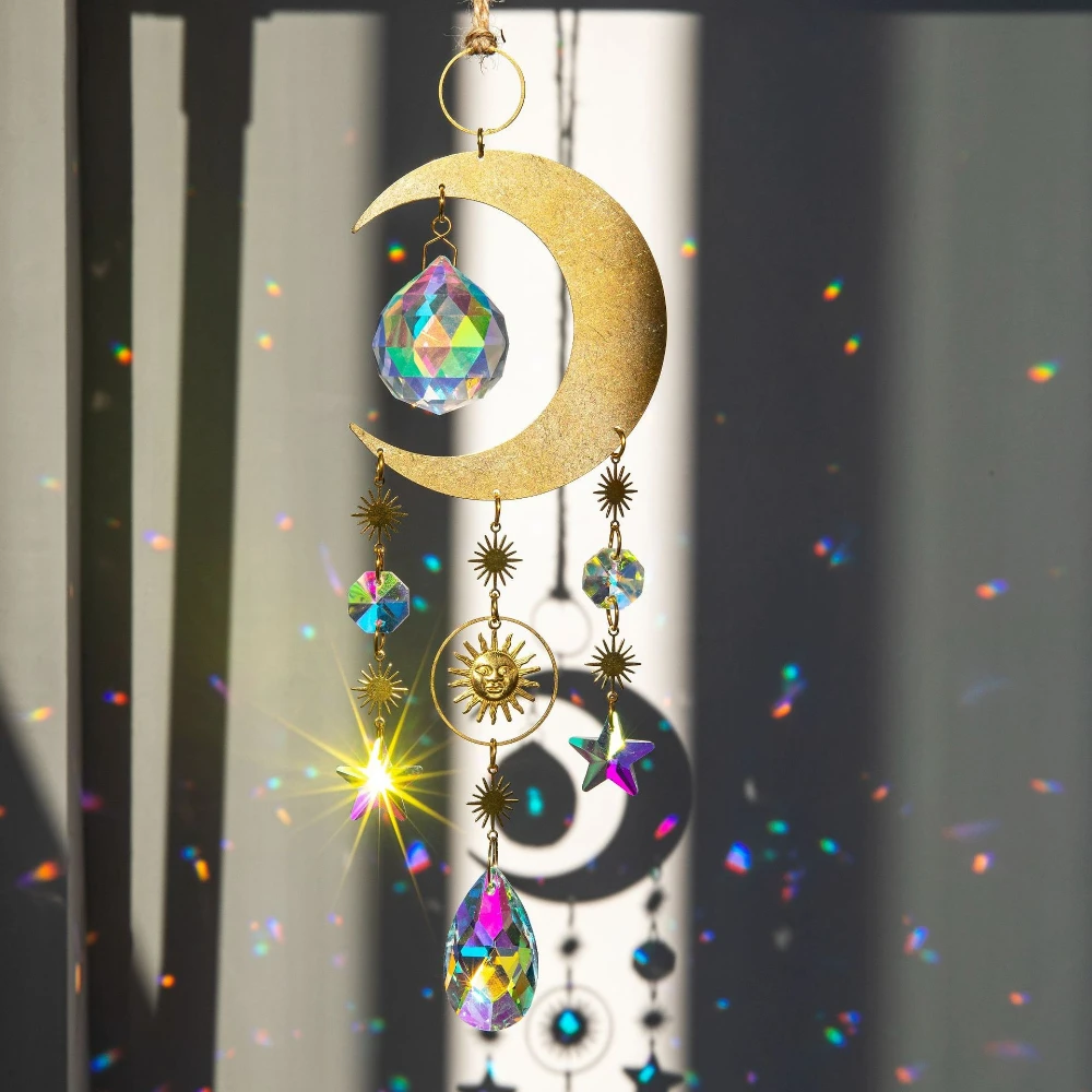 

Brass Moon and Star Crystal Pendant Light and Shadow Dreamy Rainbow Maker Wind Chime DIY Home Window Hanging Decoration
