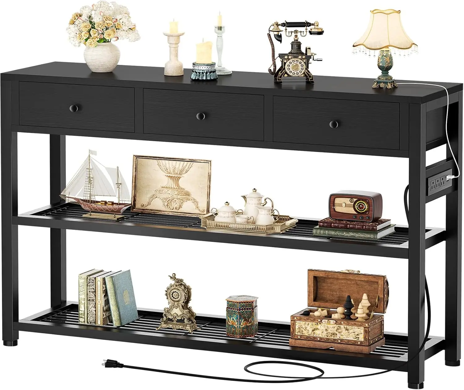 47'' Entryway Table with Outlets, USB Ports & 3 Drawers - Modern Narrow Console for Living Room, Hallway, Kitchen