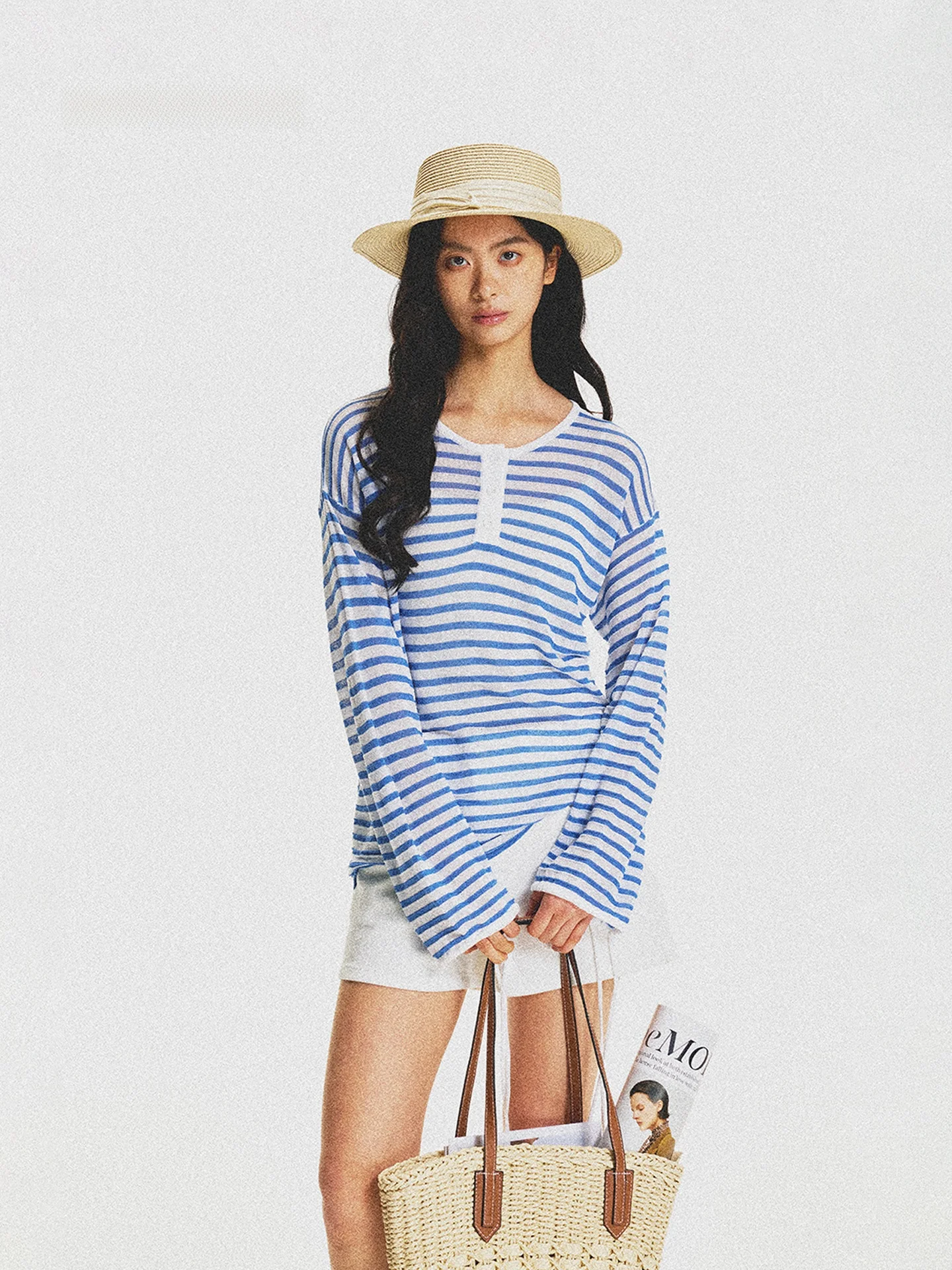 

UnderStress Summer Cool Feeling Sun Protection Holiday Striped Henry Collar Knitted Long Sleeve Lazy Style Women's Sweater