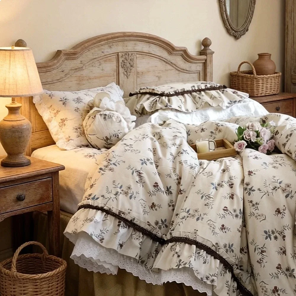 French Korean Princess Style Fresh Beige Floral Cotton Bed Skirt 4Pcs Bedding Set