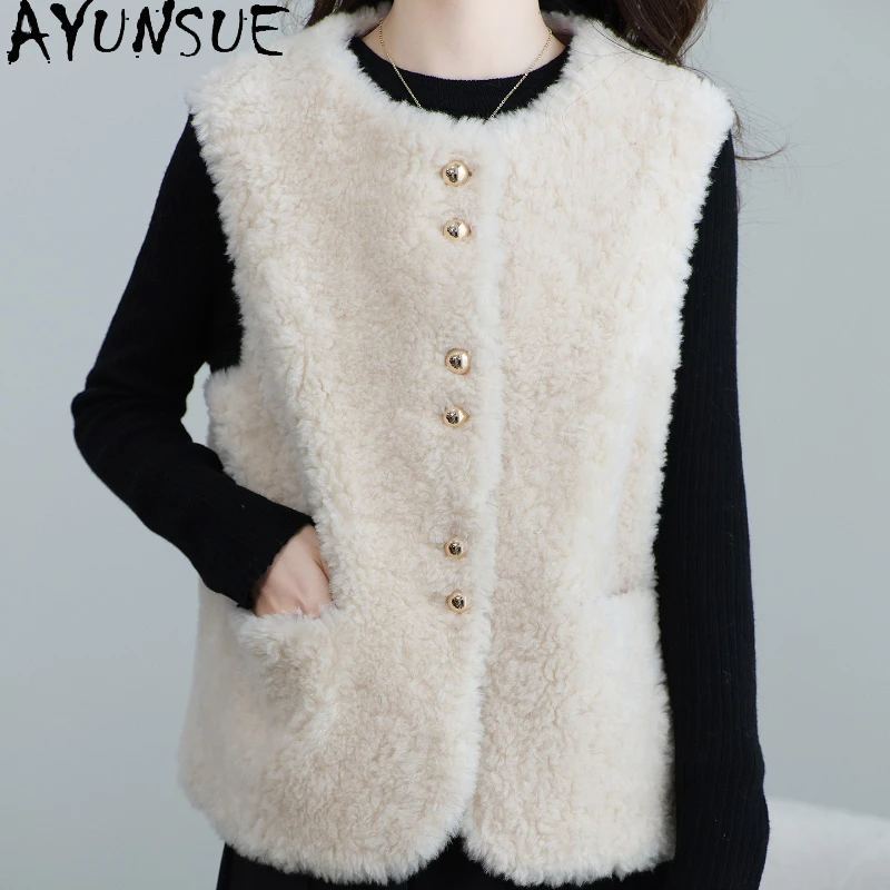 

AYUNSUE 100% шерстяной меховой жилет, женская овечья дубленка, куртка без рукавов, женская осенне-зимняя одежда 2025 Пальто Женское композитное меховое меховое