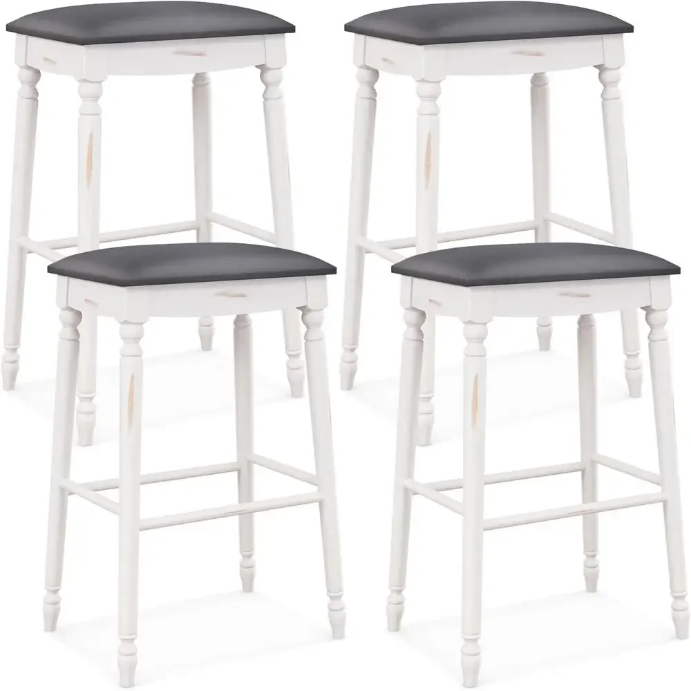 

Set of 4, 29 Antique White Padded Seat Bar Stools with Rubber Wood Legs and Upholstered Backs for Kitchen Island or Home Bar