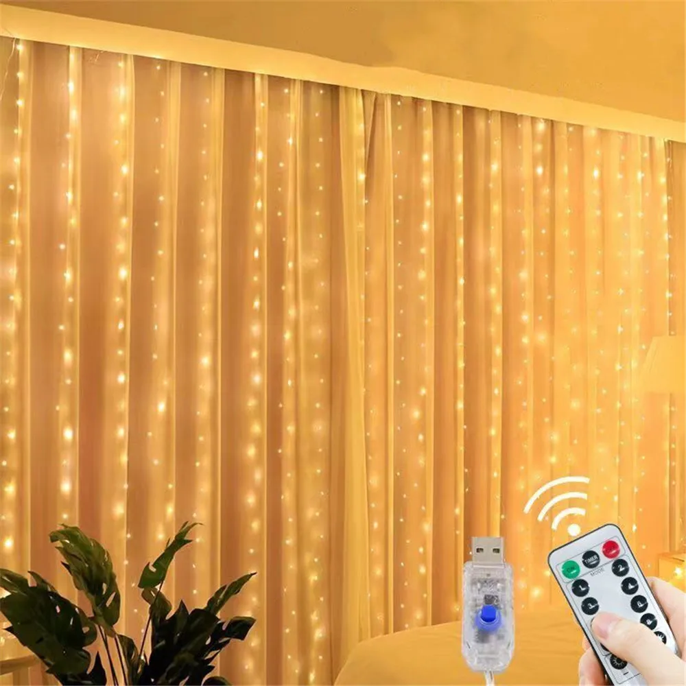 USB Curtain String Lights 8 Lighting Modes Christmas Garland Festoon Holiday Party Home Bedroom Wedding Decoration Fairy Lights