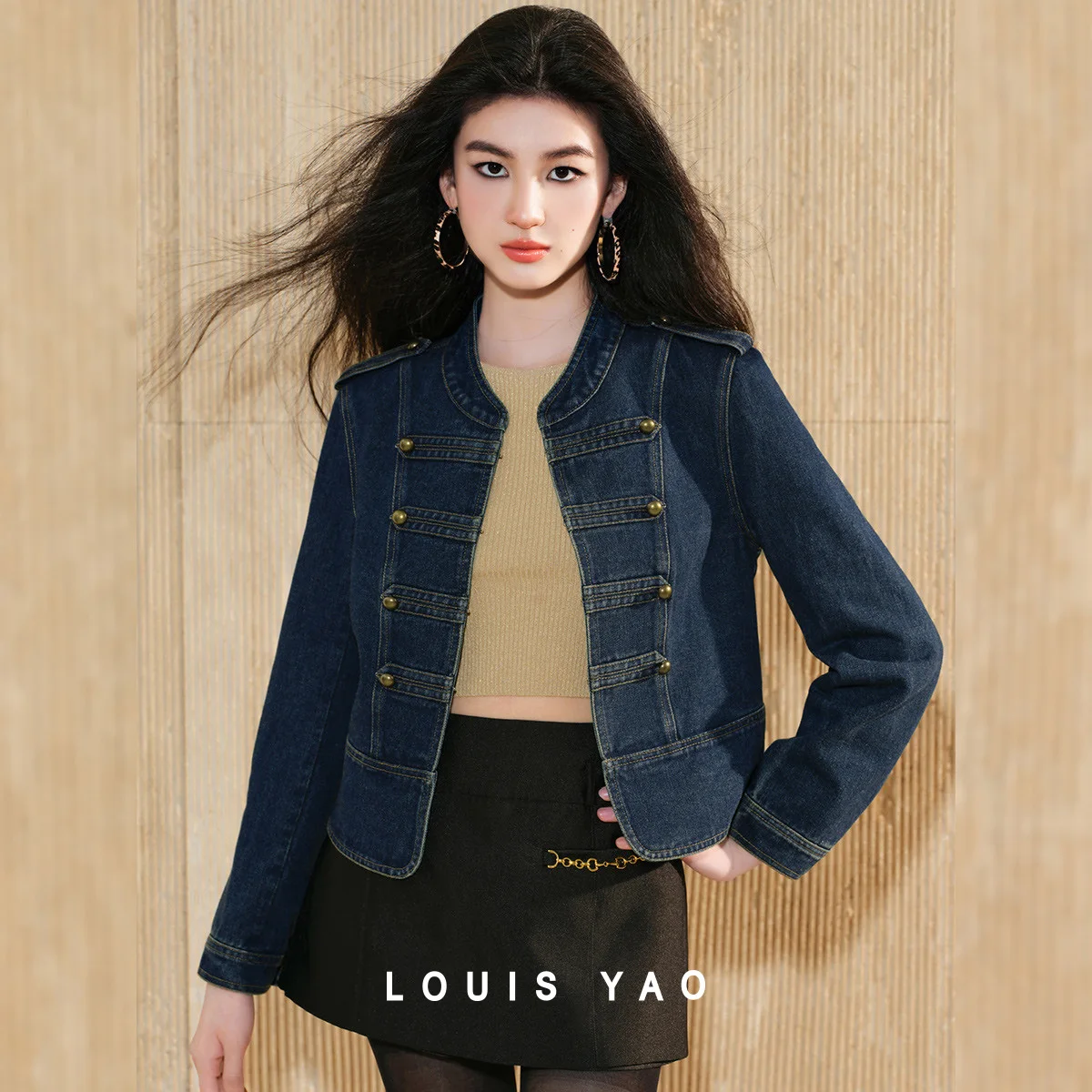 LOUIS YAO Women's Jackets Stand Up Collar Slim Fit Denim Jacket 2025 Autumn Fashionable Design Decorative Button Women's Top