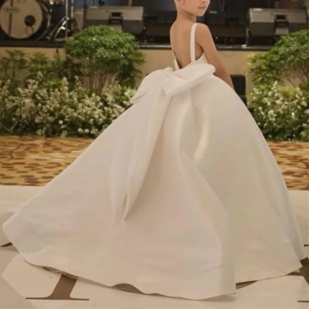 Ivory Stain Flower Girl Dress For Wedding Princess Pageant Girl Party Dress Junior Bridesmaid Baby Girl Gown With Big Bow