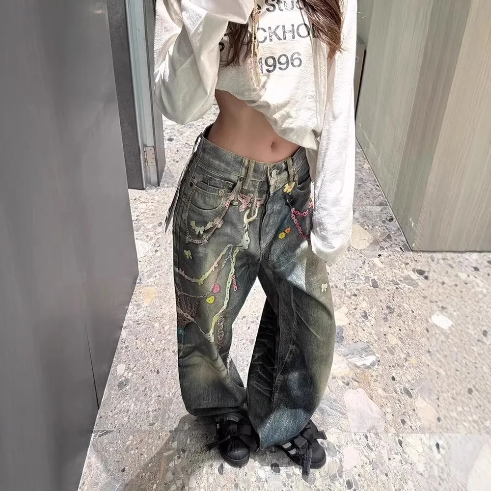 American Vintage New Fashion Hip Hop Women's Printed Casual Trendy Basic Daily Wide Leg Straight Denim Trousers Female Jeans