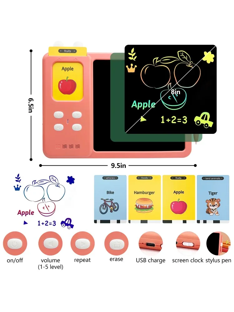 Placa de escrita para crianças, placa de escrita LCD com 112 cartões de aprendizagem e 224 palavras, brinquedos educativos de aprendizagem, rosa