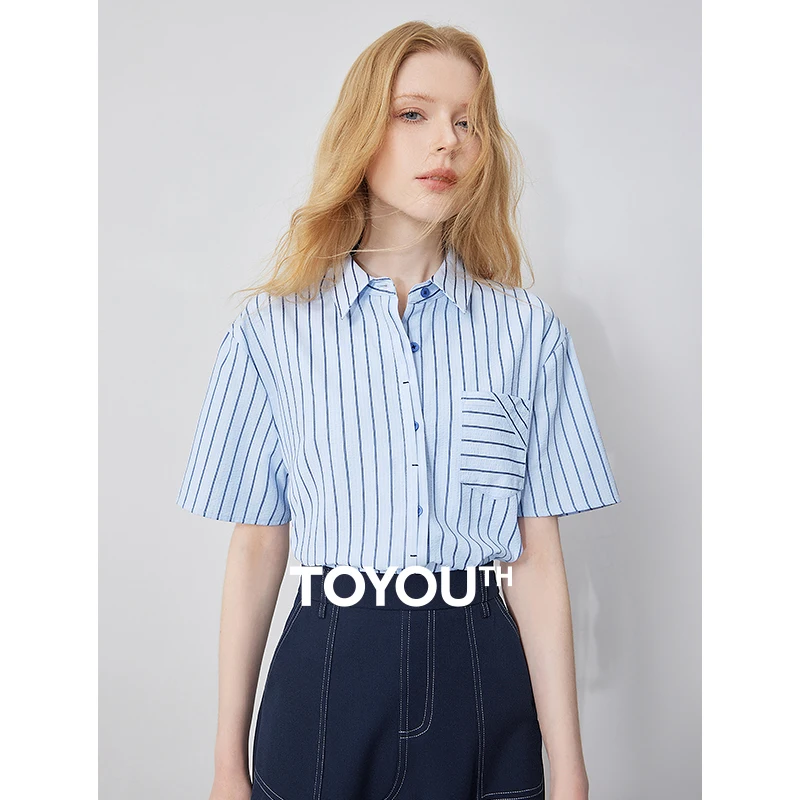 

TOYOUTH Women Shirt 2024 Summer New Oversize Striped Turn Down Collar Pocket Short Sleeve Blue Working Wear Top