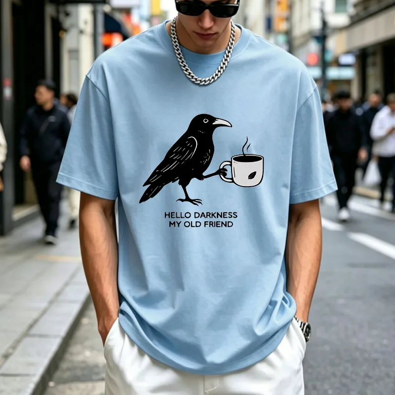 Funny Crow Coffee Print Men's Cotton T-shirt Summer Casual Tops Humor Unisex Short Sleeve Tee Casual Daily Wear T Shirts 8 Color