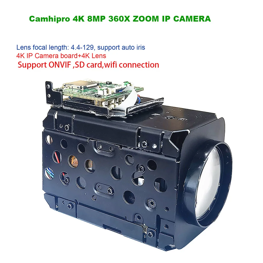 Camhi 4K 8MP Super HD 360X Optical Zoom Wireless IP Camera Module auto IRIS P2P ONVIF sony IMX415 WIFI IP Camera SD Card Slot