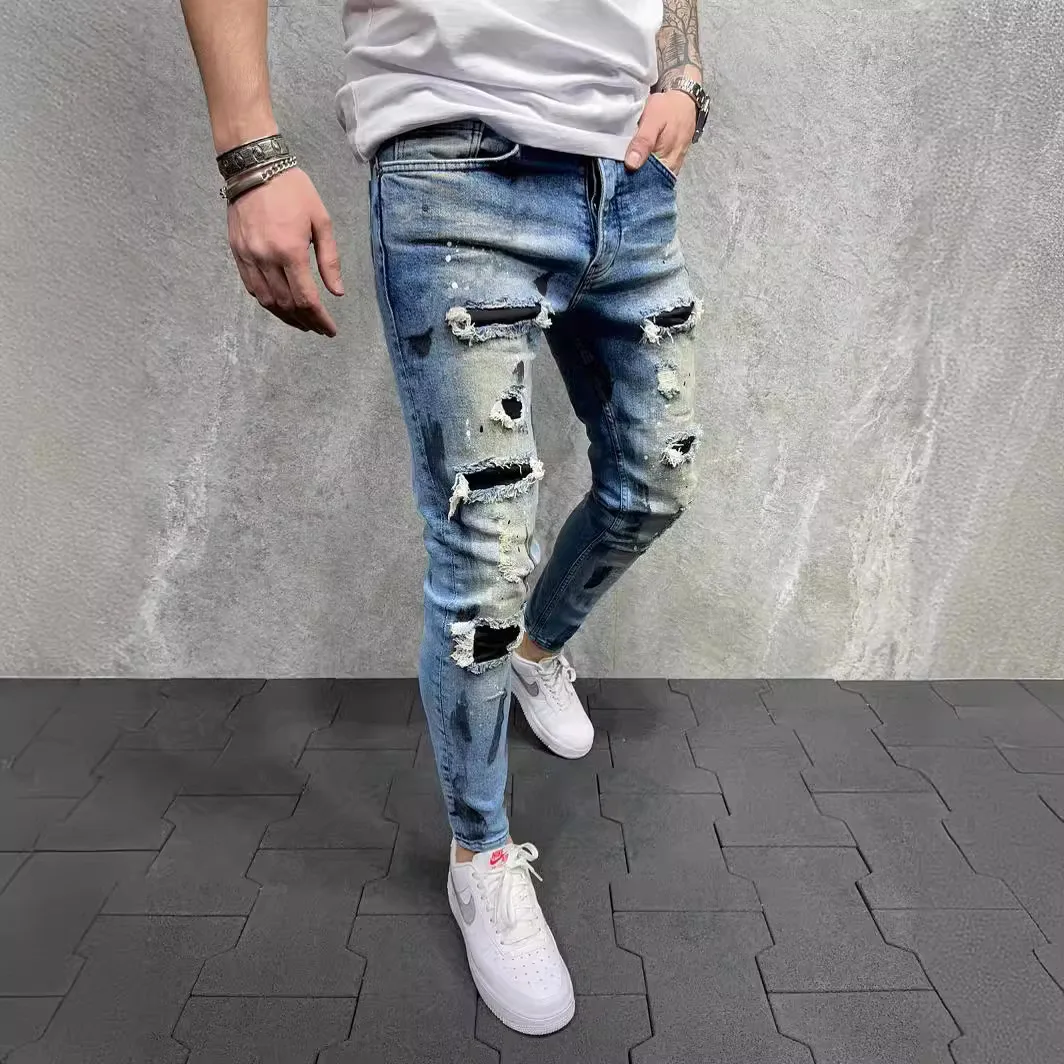 2026 Spring Summer Men's Distressed Denim Jeans Pants Trousers Slim Fit Skinny Paint Bottoms Outfit Clothing