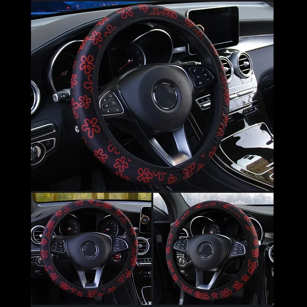 38CM Steering Wheel Cover Car Steering Wheel Cover for Women Wheel Cover Flowers Print Anti-Slip Funda Volante Car Accessories