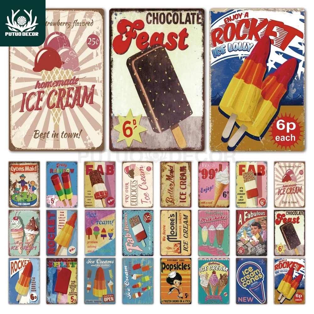 Putuo Dekor Eiscreme Blechschild Plakette Metallplatte Vintage Ice Lolly Retro Wandkunst Poster für Dessert Shop Eisenmalerei