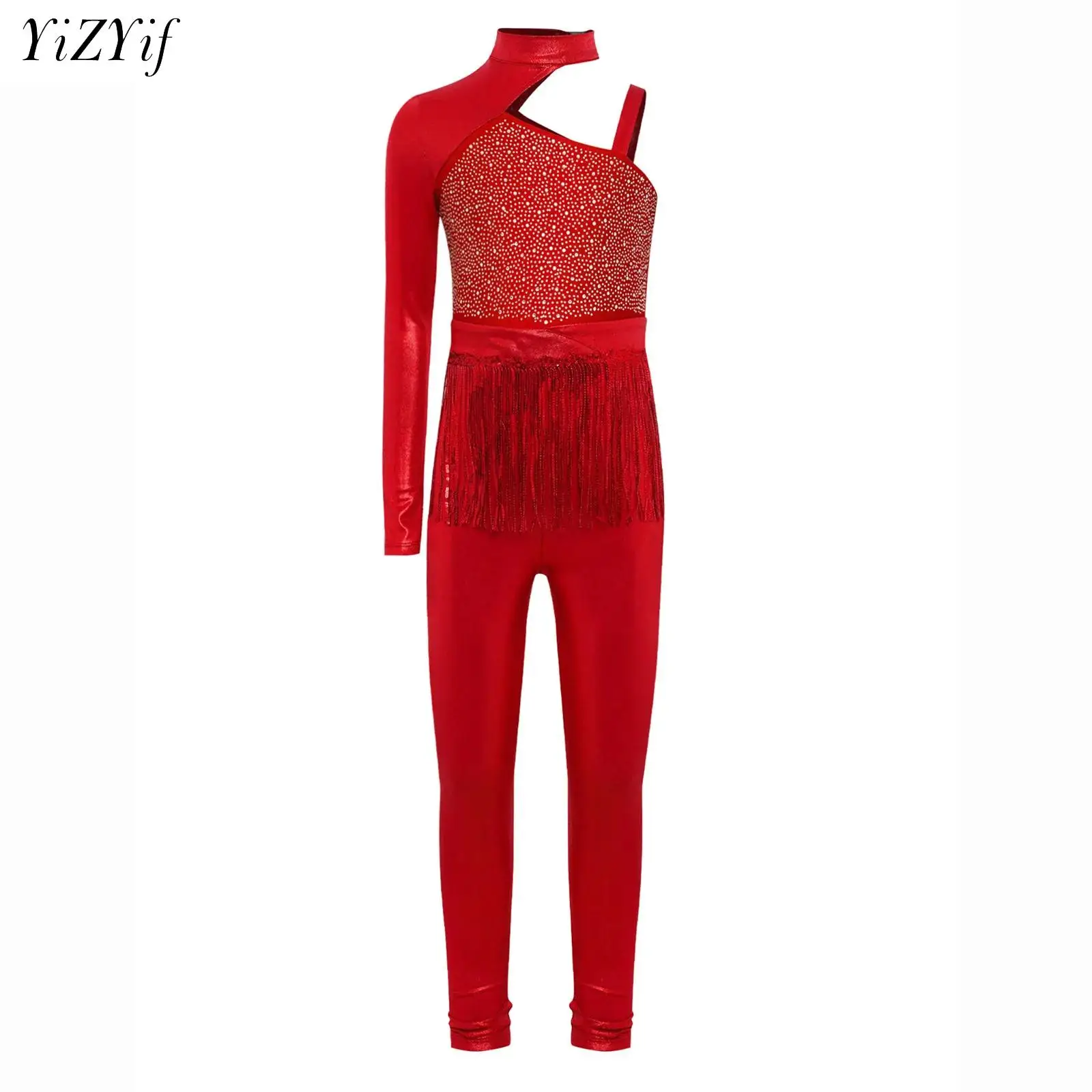 

One Shoulder Latin Fringe Jumpsuit for Kids Girls Cha Cha Rumba Practice Performance Stage Wear Asymmetrical Metallic Bodysuit