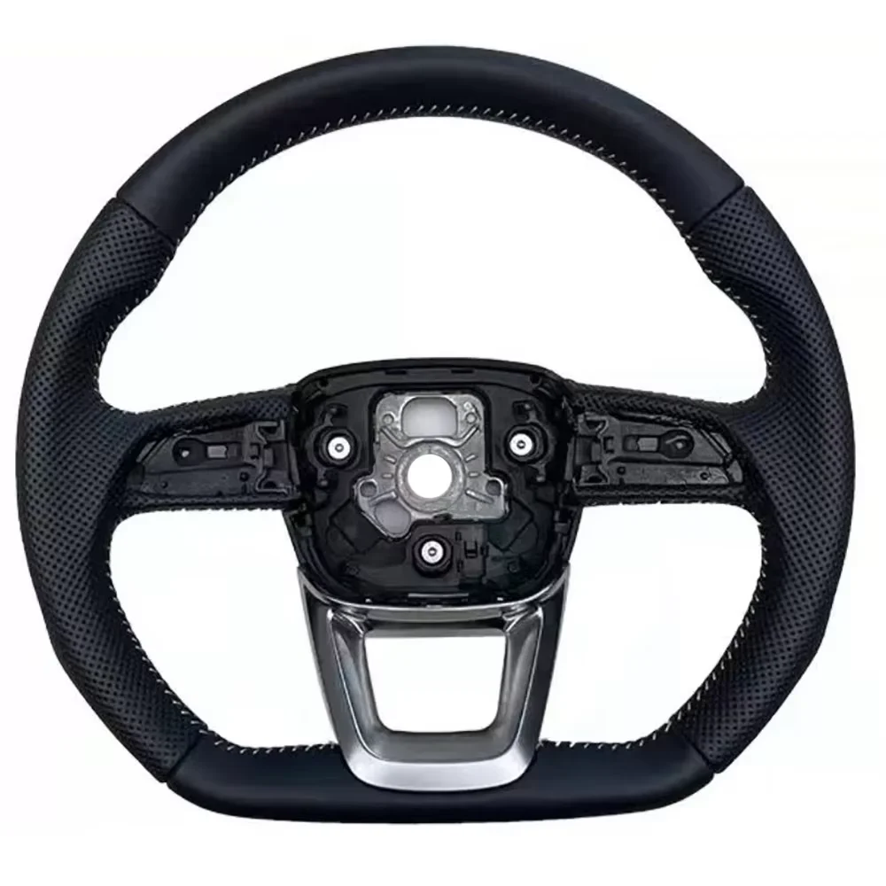 For Audi Q3 Perforated Leather White Stitching Steering Wheel Flat Bottom S/RS Logo Base Assembly