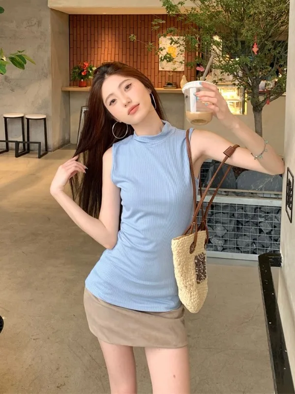 

Korean Style Blue Sleeveless Half High Collar Women's Vest Summer 2026 Slimming Base Layer Top Trendy Fashion Set