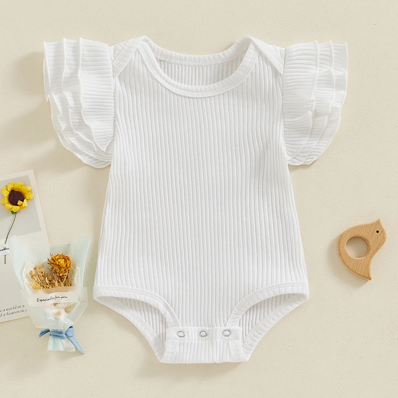 

Baby Girls Rompers Solid Color Crew Neck Three Layered Fly Sleeve Infant Bodysuits Summer Clothes Ribbed Knit Jumpsuits