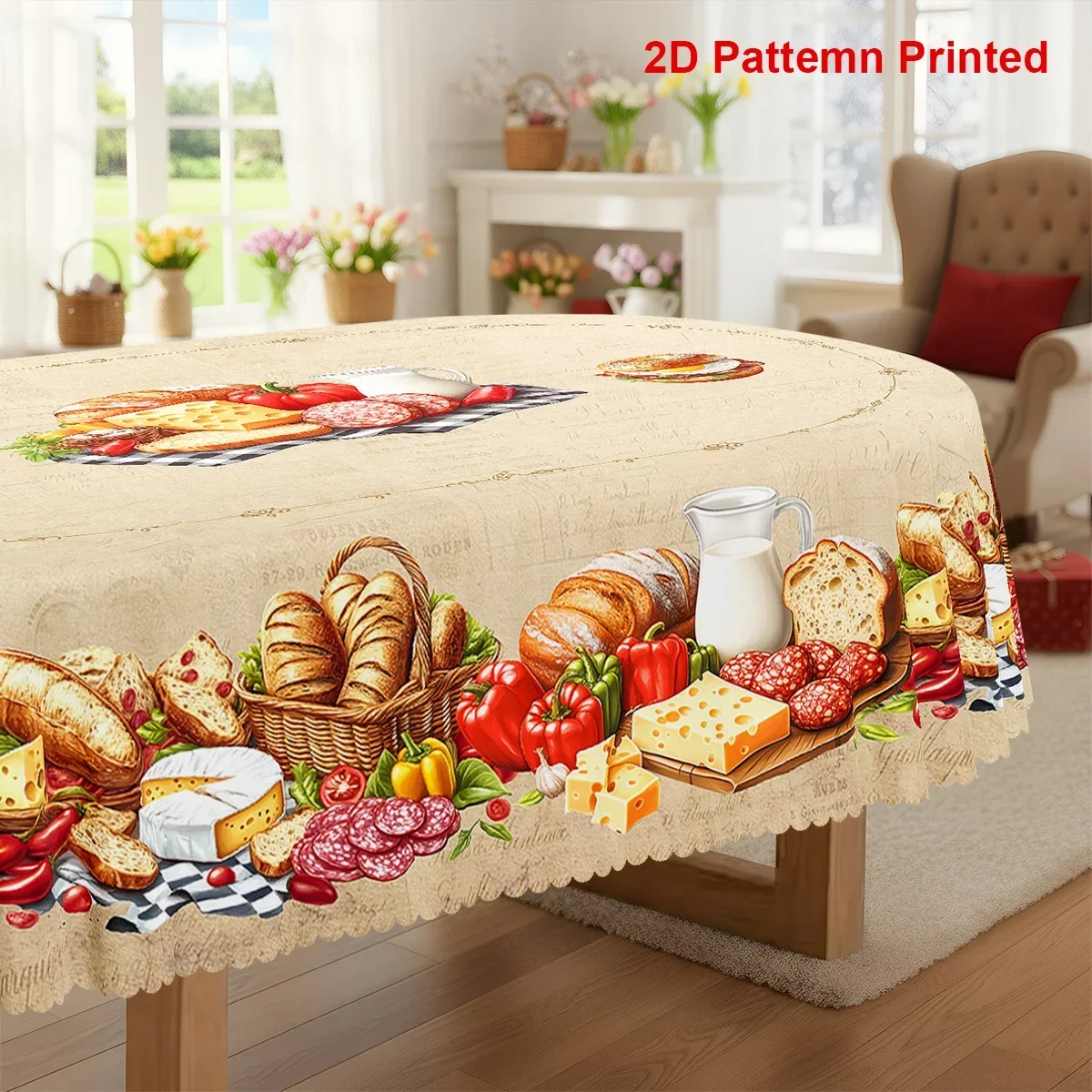 1 piece, tablecloth for a food-themed party, featuring a vintage buffalo check pattern with milk, bread, and cheese prints, yzb
