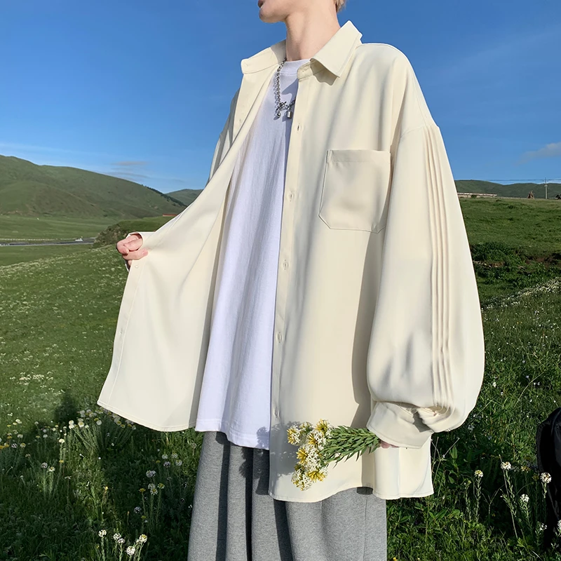 

Long Sve Casual irt Men's Spring Autumn Trendy College Sle Jaet Button Design Iron Free Pure Color Faionable Youth