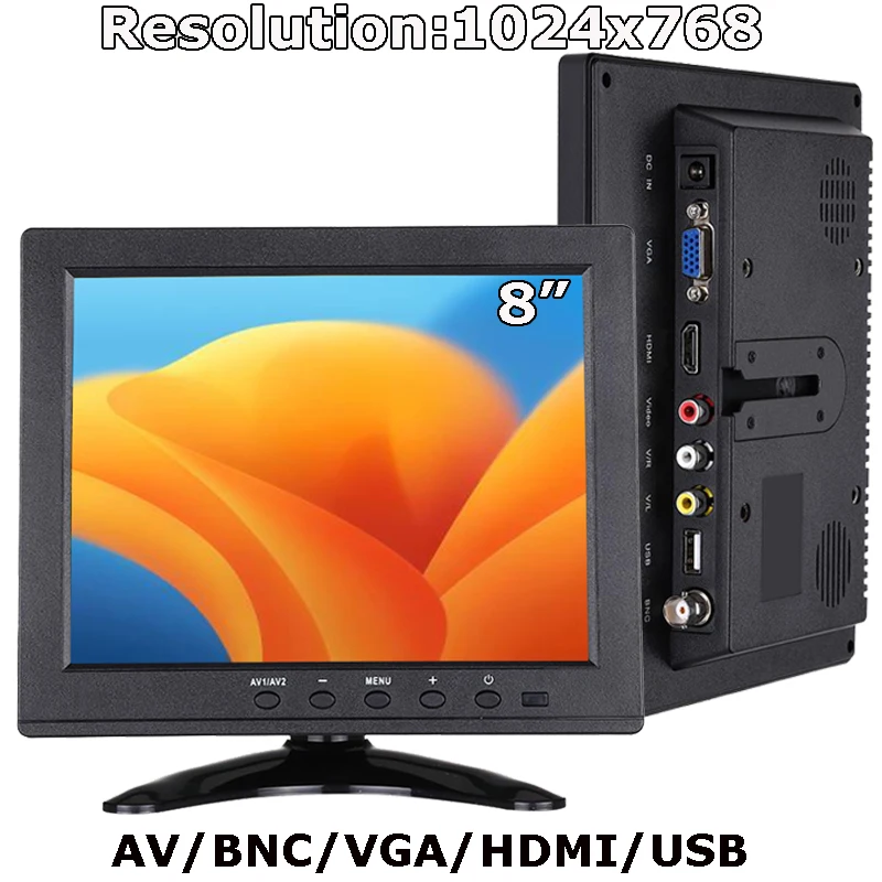 Small Size 8 Inch 4:3 LCD Monitor 1024x768 HD Display for Camera Car CCTV DVR with HDMI Compatible VGA AV USB Input